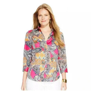 Ralph Lauren Floral Vibrant Paisley 3/4 Sleeve Button Down Shirt Size Medium